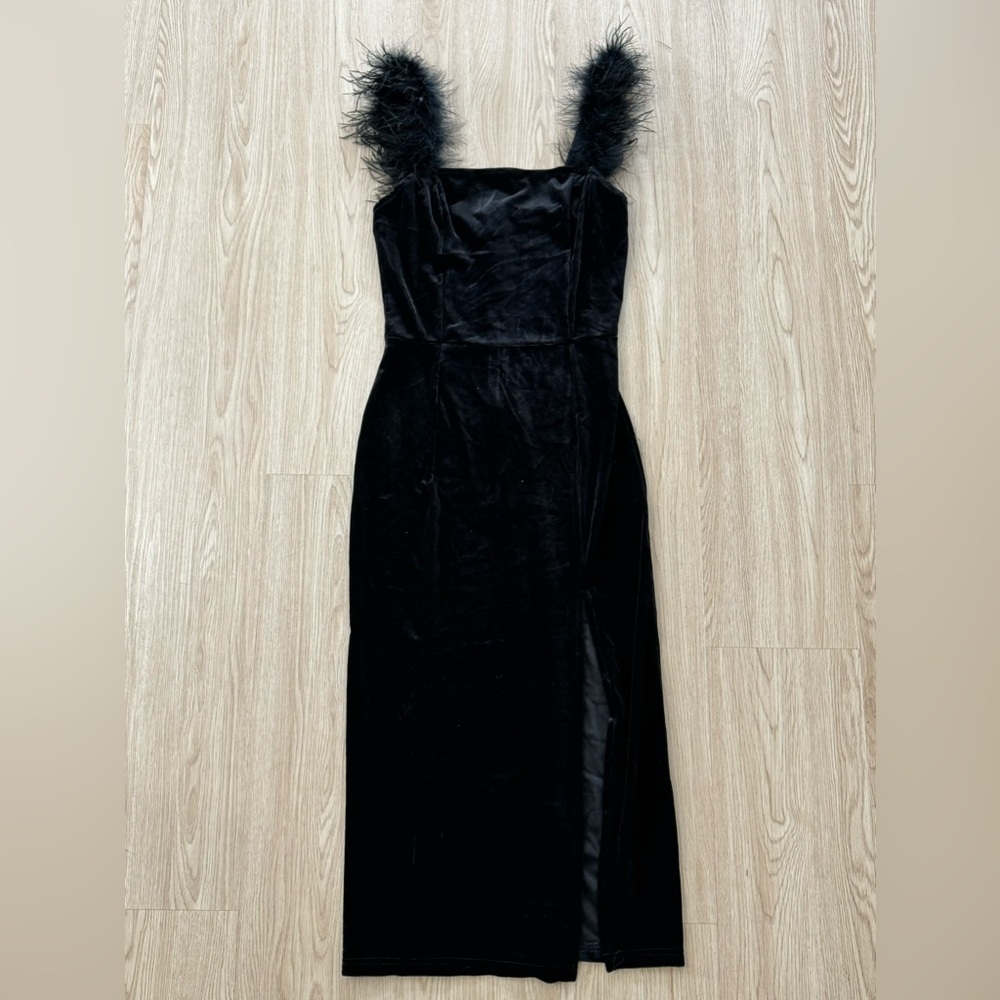 Velvet velour feather boa trim strap midi dress nwot - Picture 3 of 3